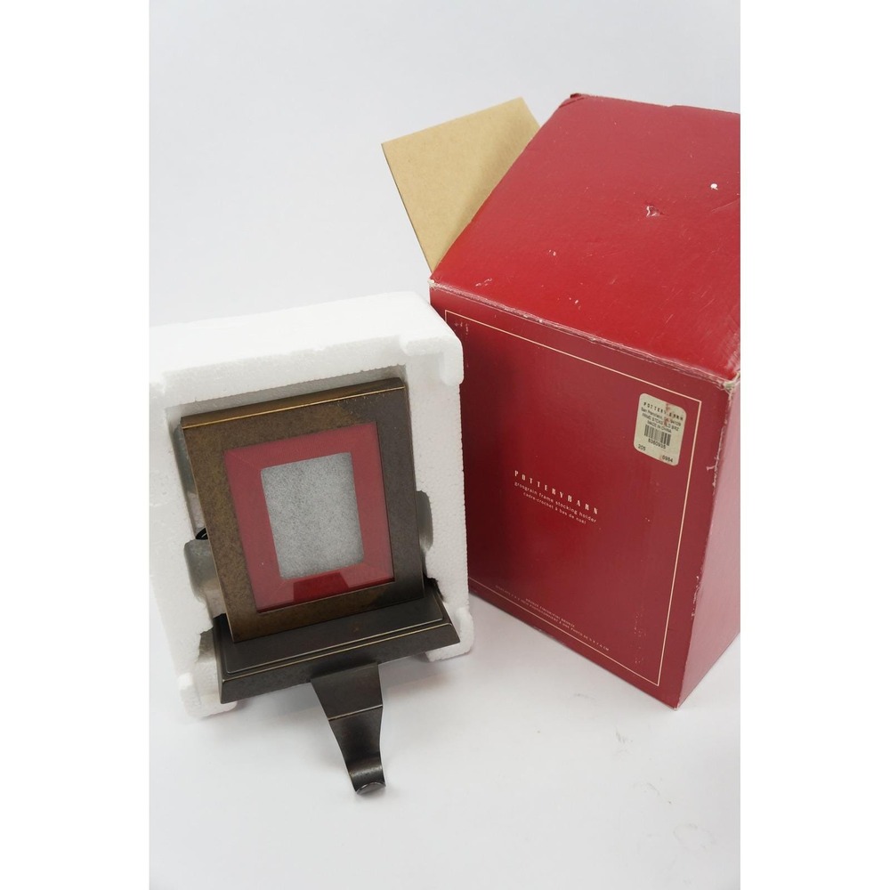 VGC W/ Box Pottery Barn Grosgrain Picture Frame Stocking‎ Holder Stand Long Hook
